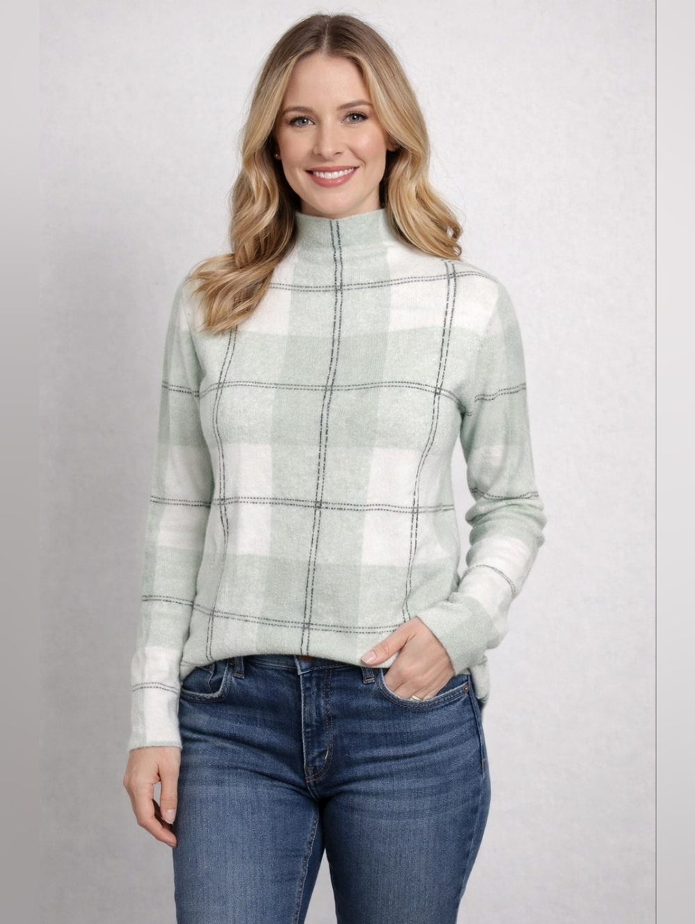Rachel Zoe Women's Green and White Plaid Turtleneck Sweater Long Sleeve Size XS